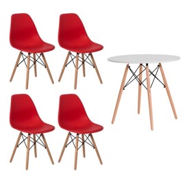Conjunto Kit 4 Cadeiras Eames Eiffel Vermelha + 1 Mesa Eames 80cm Branca Base Madeira Cozinha Jantar
