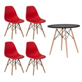Conjunto Kit 4 Cadeiras Eames Eiffel Vermelha + 1 Mesa Eames 80cm Preta Base Madeira Cozinha Jantar
