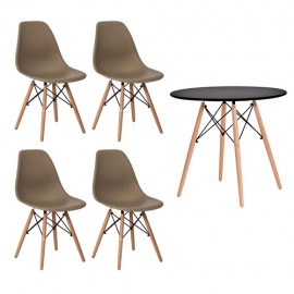 Conjunto Kit 4 Cadeiras Eames Eiffel Nude + 1 Mesa Eames 80cm Preta Base Madeira Cozinha Jantar